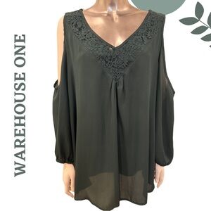 🛍️3/$40 Warehouse One Green Cold Shoulder Blouse Long Sleeve – Plus Size XXXL